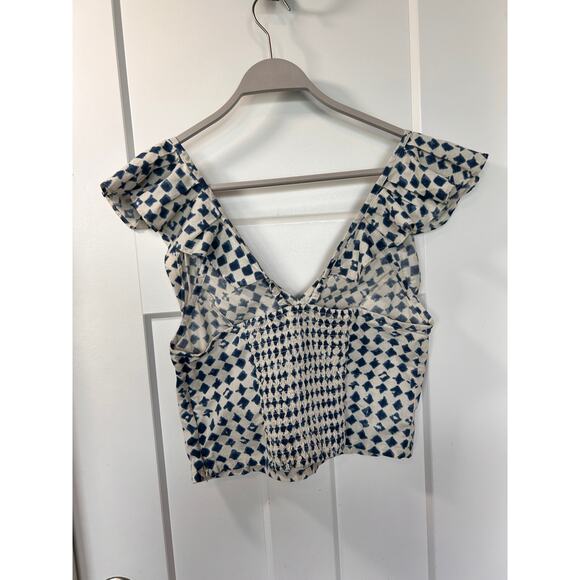 Madewell Women's‎ Shibori Print Cotton V-Back Cropped Top White Blue Size 10 - Picture 7 of 13